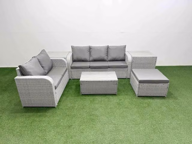 Fimous 6 Seater Grey PE Rattan Wicker Garden Furniture Set with L-Shape Sofa, Coffee Table and Ottoman