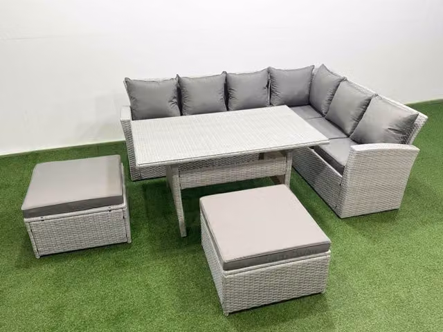 Fimous 8 Seater Rattan Garden Furniture Set with Corner Sofa and Patio Dining Table in Light Grey