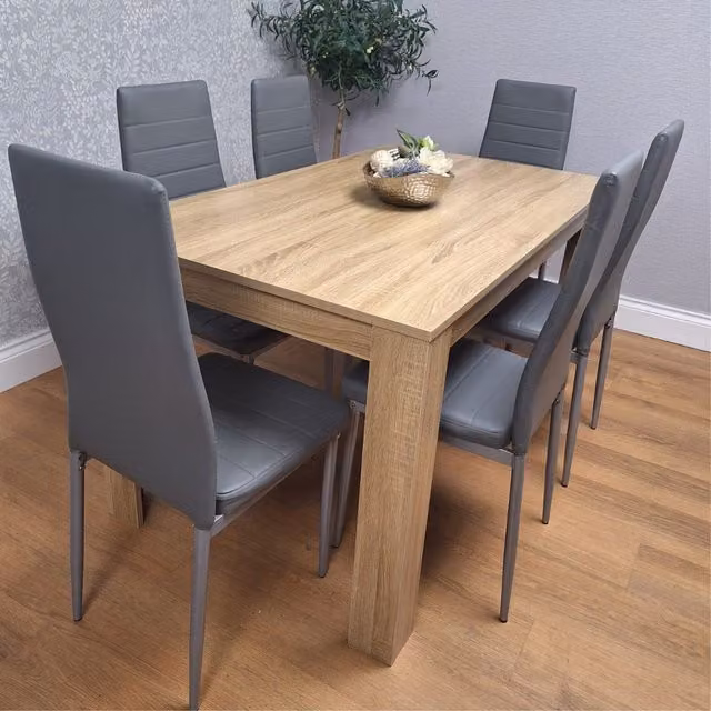 Kosy Koala Brown Oak Effect Dining Table Set with 6 Grey Faux Leather Chairs