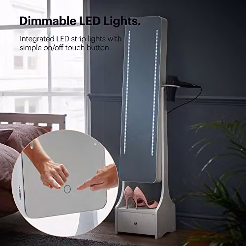 BTFY White Freestanding Mirror Jewellery Cabinet with LED Lighting and Storage Drawers, H 158 x W 47 x D 33 cm – 6
