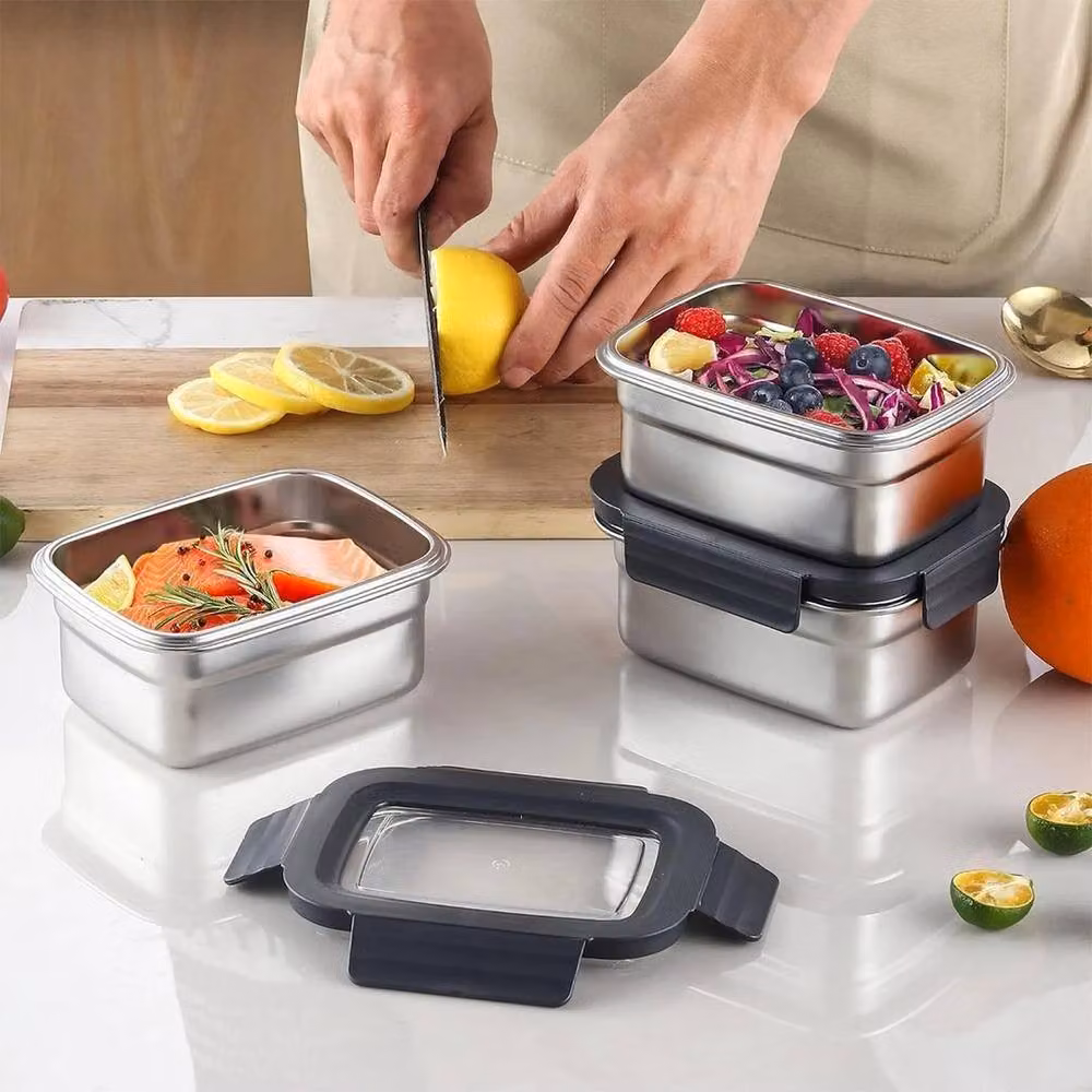 FLAVORA Leakproof and Airtight Rectangular Stainless Steel Food Storage Container, Silver, 400ml – 2