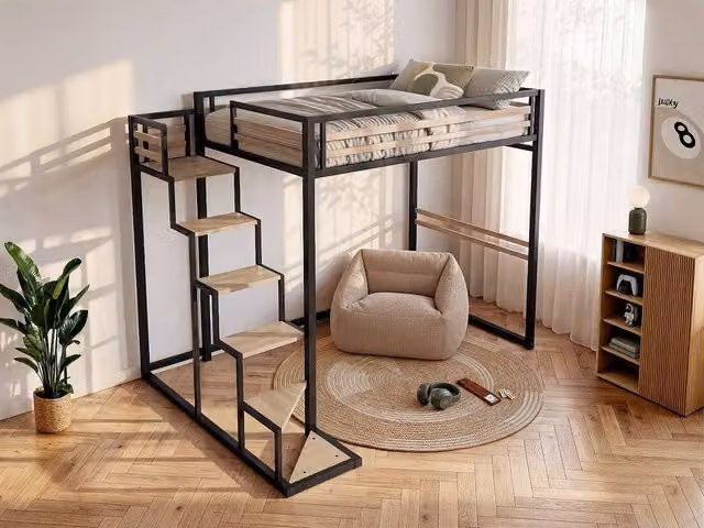 JOGUI Mezzanine Bed in Black and Natural Metal and MDF, W/D/H: 200 x 140 x 165 cm – 1