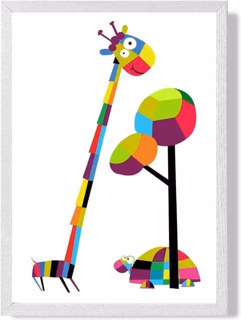ARTZE Giraffe Bright Geometric Animal Framed Print in White Frame, Multicolour, A3