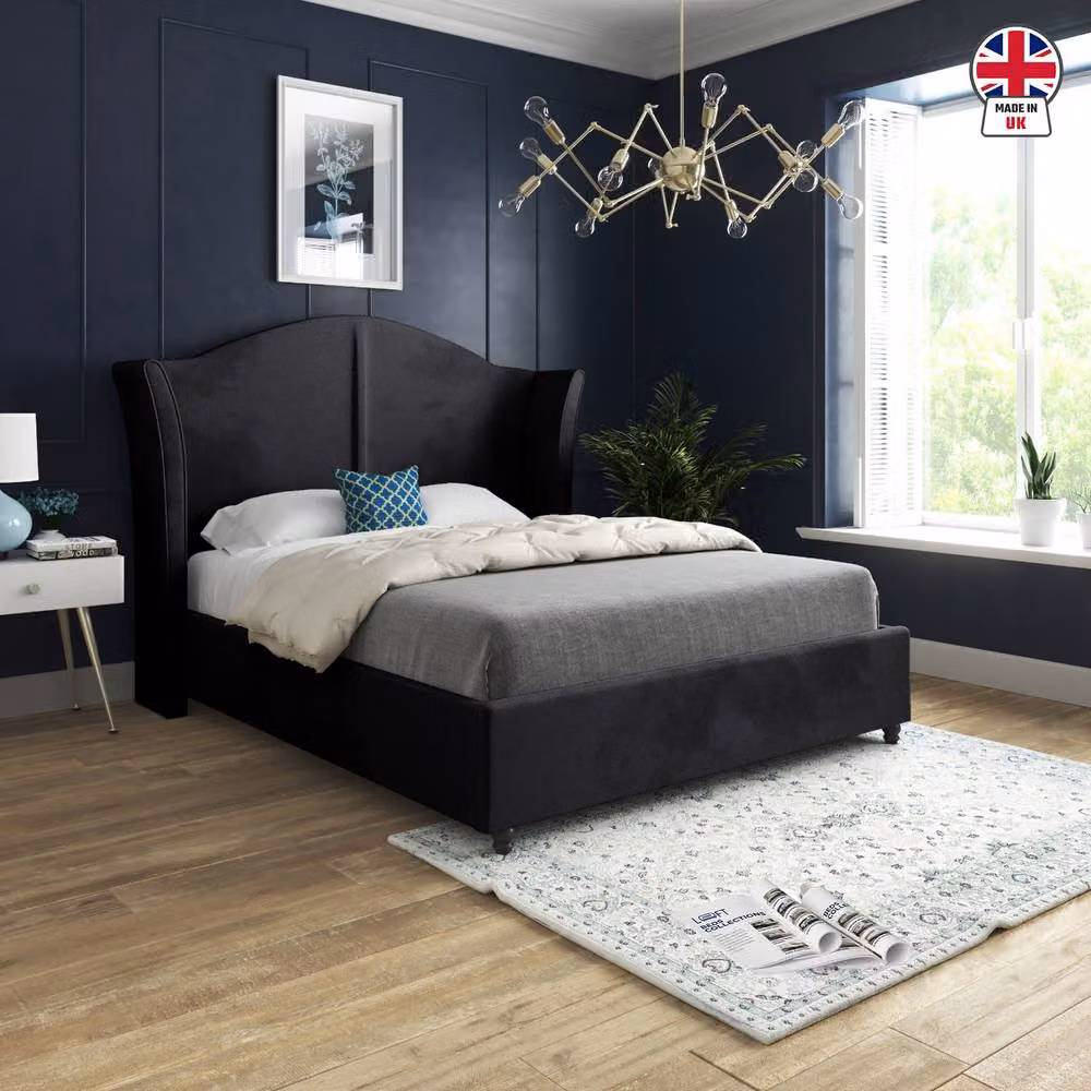 KDMD Wilsden Curved Winged Upholstered Designer Bed Frame in Black Soft Velvet, Super King, W/D/H: 200 x 189 x 137 cm – 3