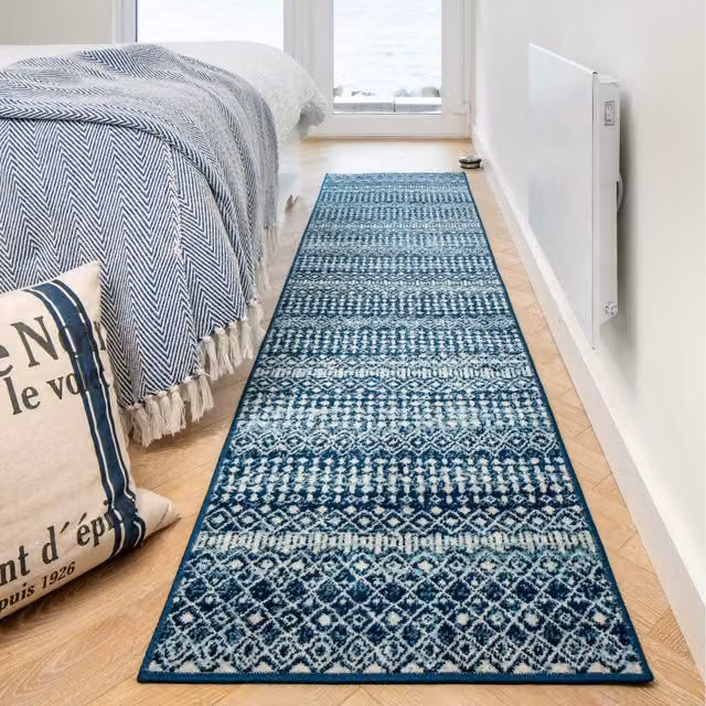 The Rug House Tribal Aztec Low Pile Soft Living Area Rug in Blue and Grey, W: 240 cm, D: 60 cm