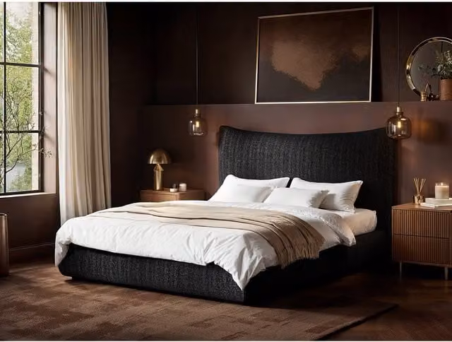 Solace+Co Miller Curved Headboard Bed in Black Chenille, King Size (W: 180 cm, D: 200 cm, H: 108 cm)