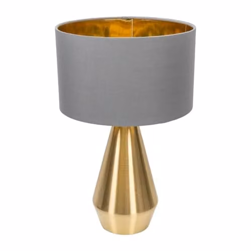 ValueLights Jax Antique Brass Touch Table Lamp with Grey and Gold Fabric Cylinder Shade, H: 41.0 cm x W: 25.0 cm x D: 25.0 cm