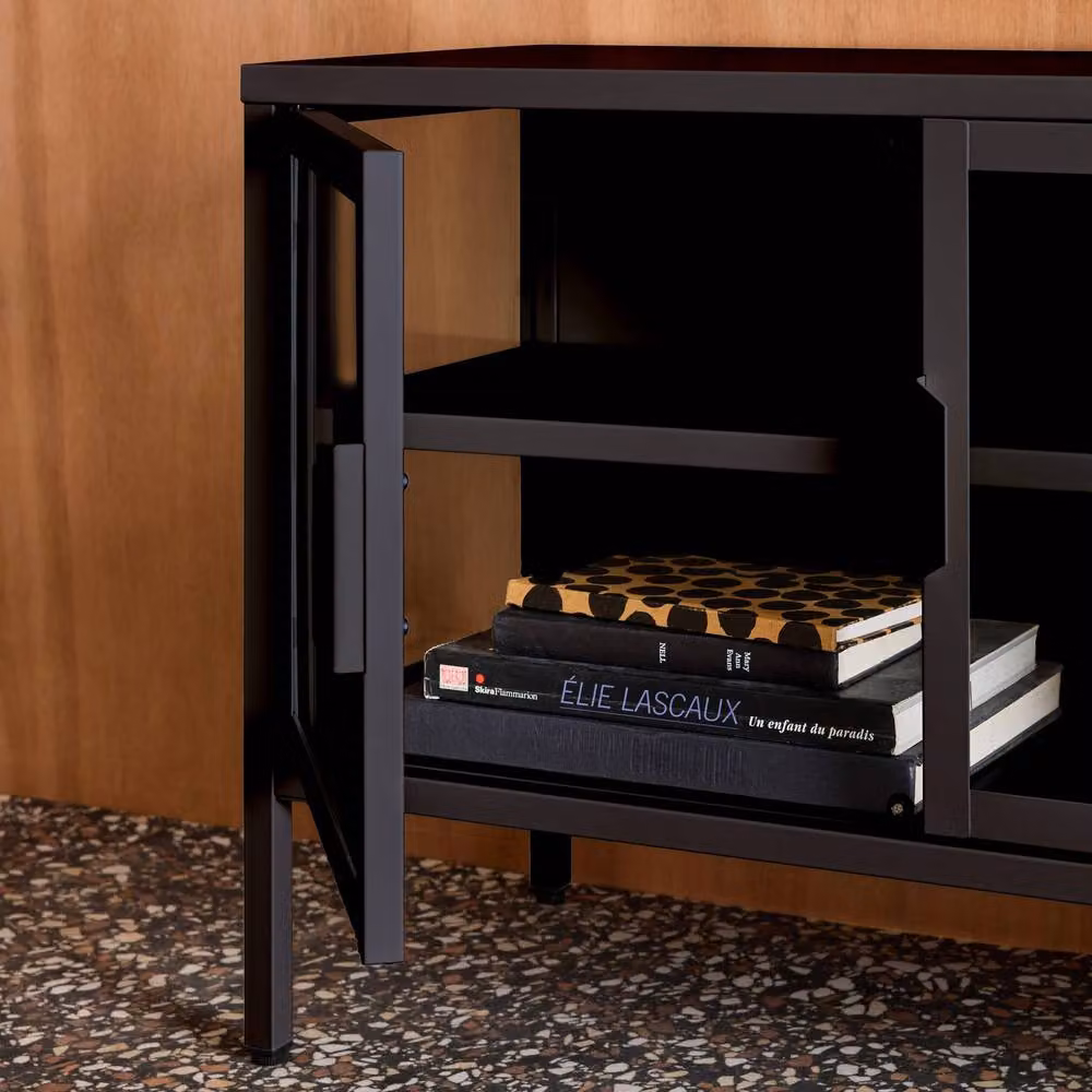 sweeek Industrial Metal and Tempered Glass TV Stand with 3 Doors, Black, W/D/H: 120 x 35 x 55 cm – 3