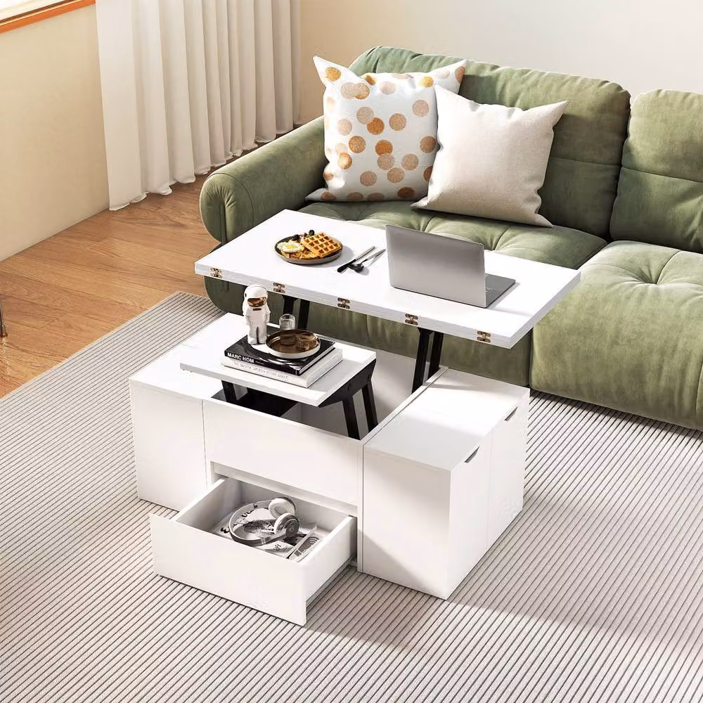 Costway Modern White Lift Top Coffee Table with 4 Storage Stools – 3