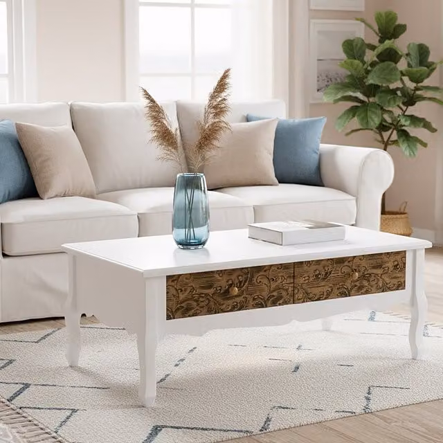 Premier Housewares Bali Rectangular Coffee Table in White and Brown, W/D/H: 120 x 60 x 45 cm – 2