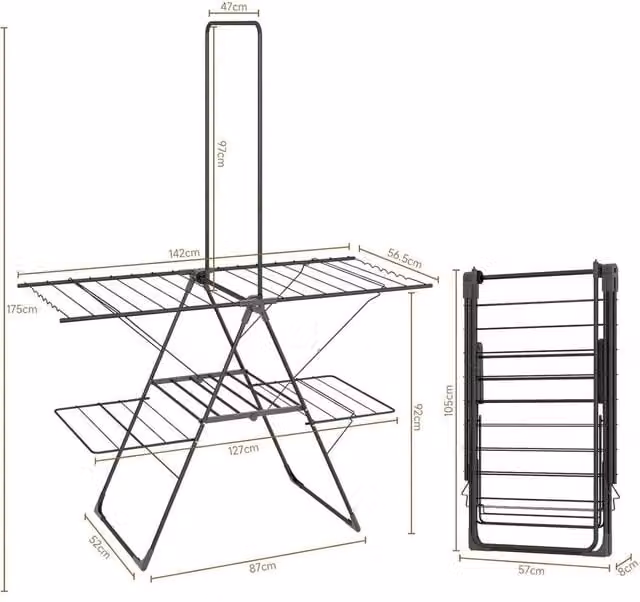 FORGEVIO Winged Metal Clothes Airer with High Hanger in Grey