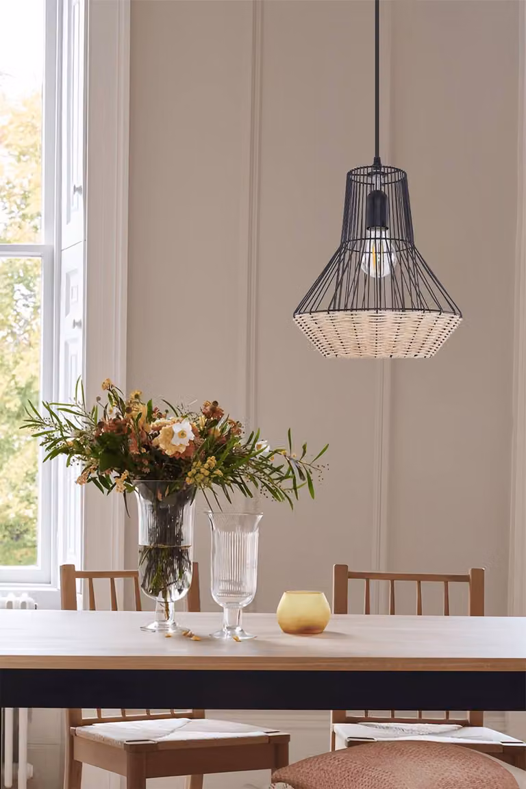 Living and Home Geometric Rattan and Metal Pendant Light in Brown and Black