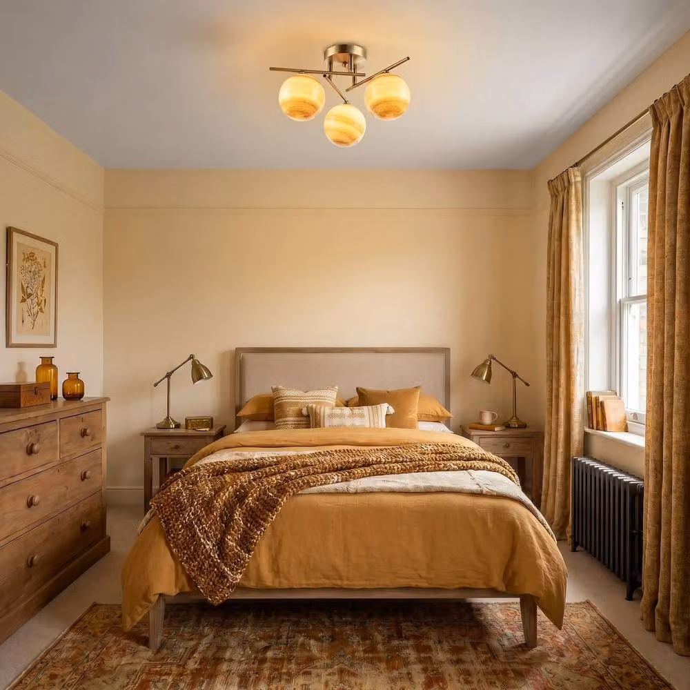 Happy Homewares Mid-Century Modern Ceiling Light in Antique Brass with Amber Marble Glass Spheres in Gold – 2