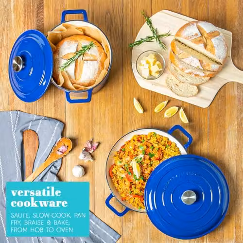 Argon Tableware Oval Enamelled Cast Iron Casserole Dish with Self-Basting Lid, Blue, 4.68L – 4