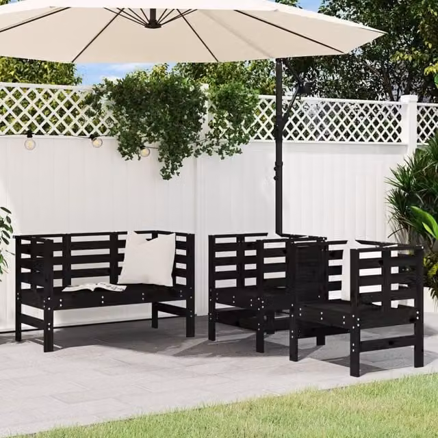 Berkfield Home 3 Piece Black Solid Pine Wood Garden Lounge Set with Cushions – 1