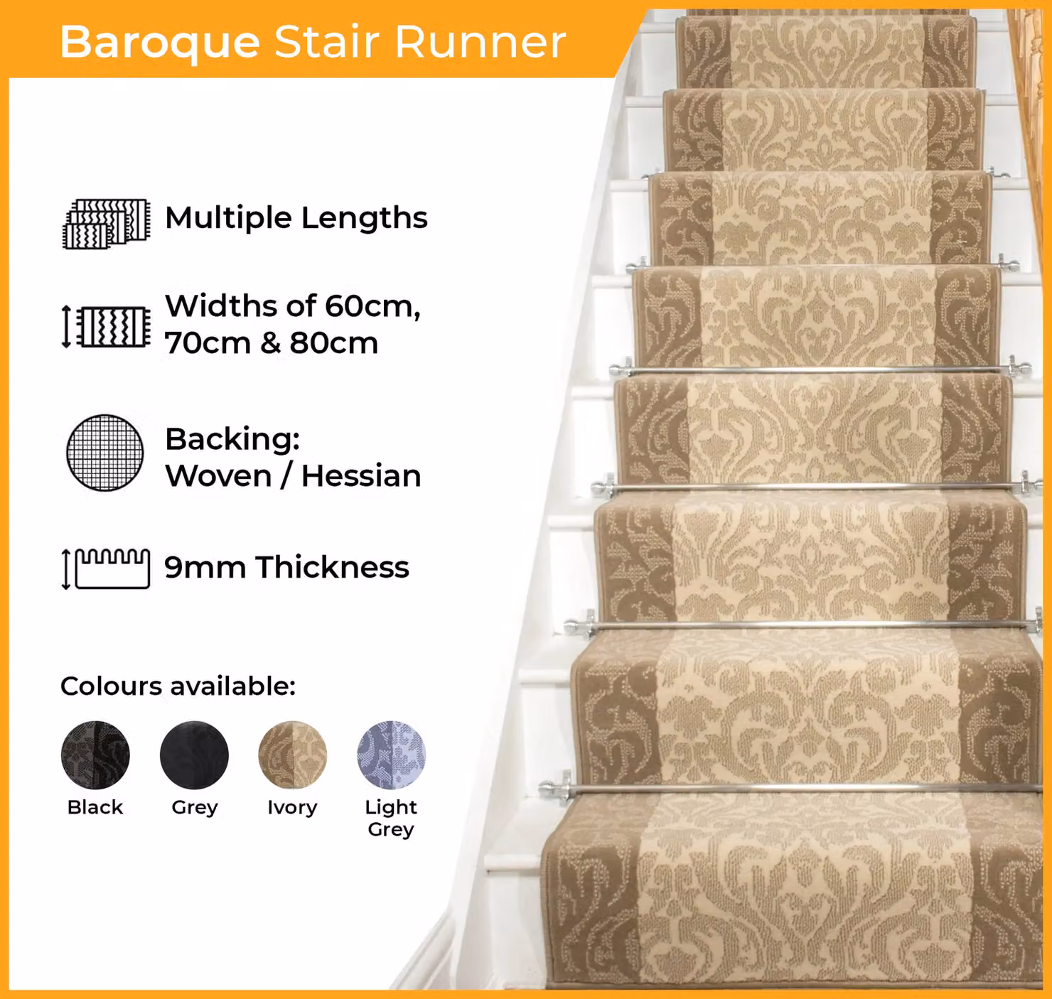 runrug Ivory Baroque Stair Carpet Runner, Beige, W: 60 cm, L: 450 cm – 2