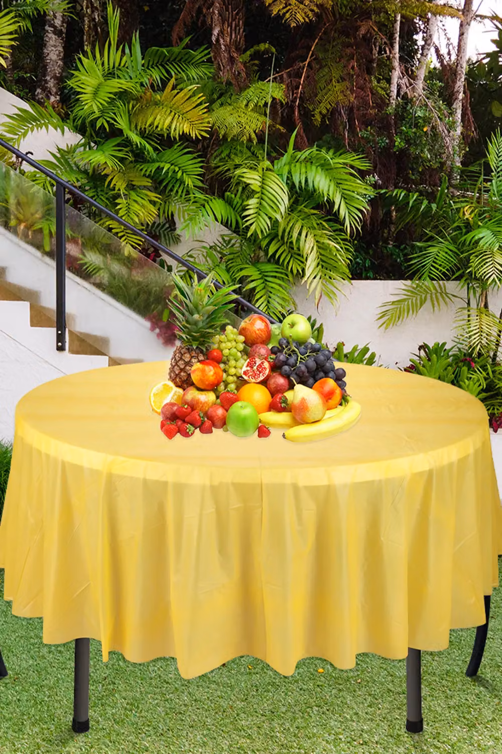 Neel Blue Round PVC Tablecloth, Disposable Plastic Table Cover in Yellow, Diameter: 213 cm – 2