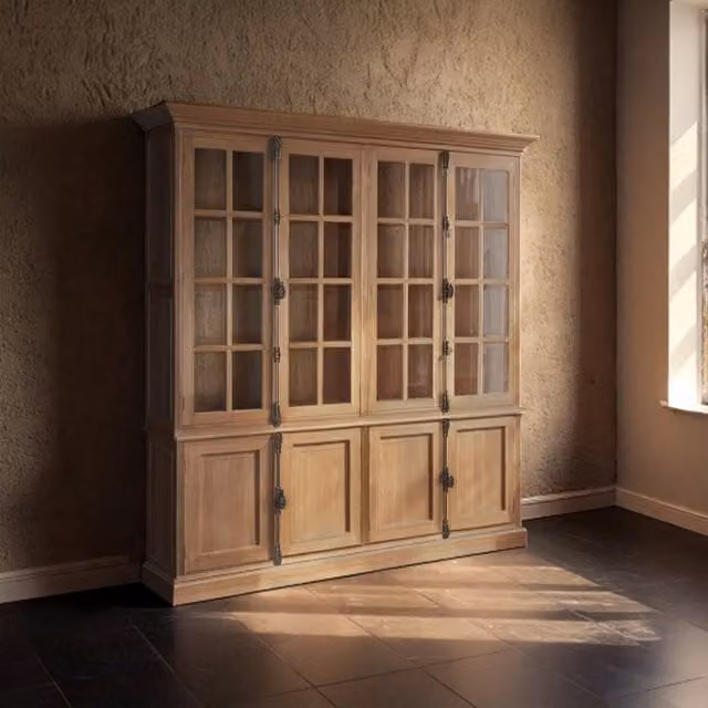 Fifty Five South Lyon Classic Oak Wood Large Cabinet with Glass Doors in Brown