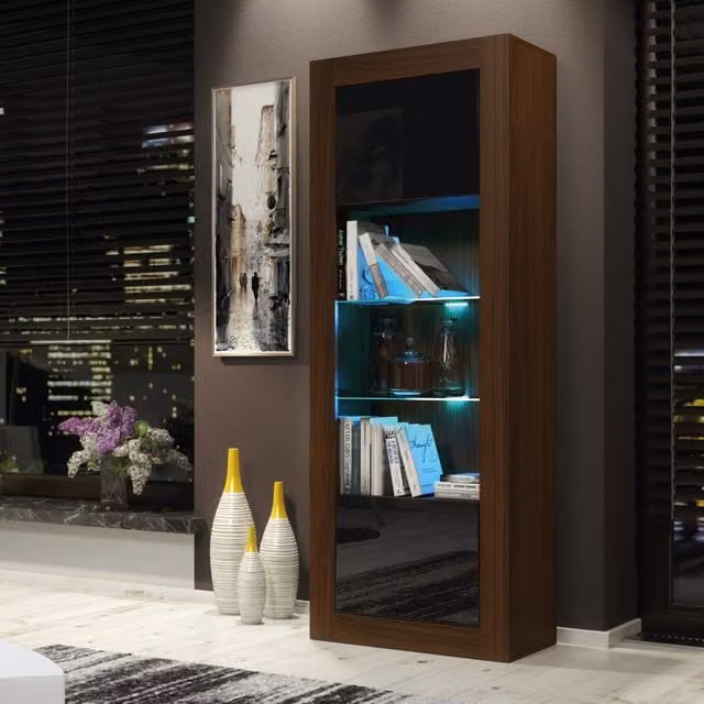 Creative Furniture Illume Display Cabinet with Glass Doors and LED Lighting, Brown and Black, H: 170 cm, W: 63 cm, D: 35 cm