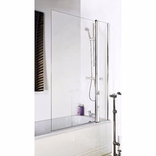 Nuie NSSQ1 Pacific Modern Square 6mm Glass Bath Screen with Fixed Panel, Polished Chrome, W: 140 cm, D: 100.5 cm