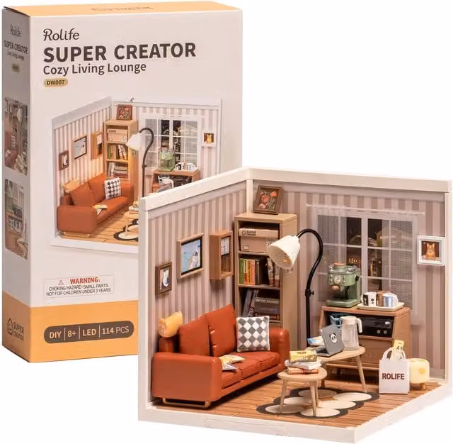 Syntego Cozy Living Lounge 3D Puzzle Plastic DIY Miniature House Model Kit in Brown, Orange and Multicolour