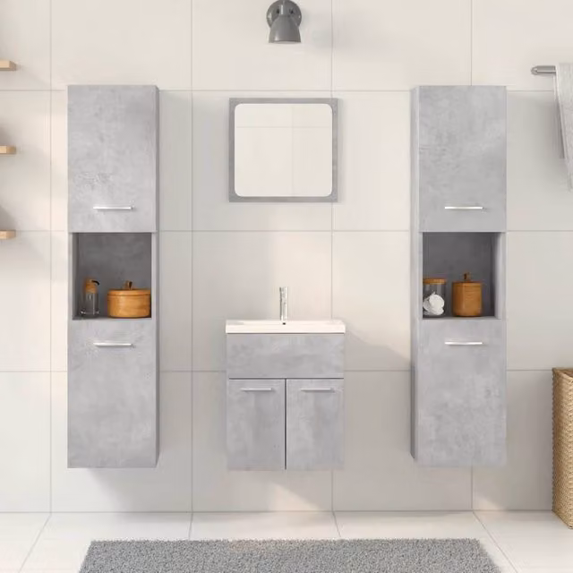 Berkfield Home Modern 5 Piece Bathroom Furniture Set in Grey and White, featuring Vanity Unit, Tall Cabinet and Mirror Cabinet, W/D/H: 130 x 41 x 38.5 cm