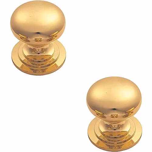 Loops 2 Pack Victorian Round Cupboard Door Knobs in Polished Brass, Diameter: 32 mm