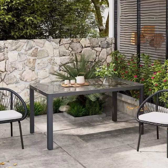 Outsunny Modern Outdoor Dining Table for 6 with Glass Top and Aluminium Frame, Grey