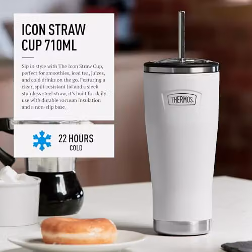 Thermos Icon Series Stainless Steel Travel Mug with Straw, White, 710ml – 3