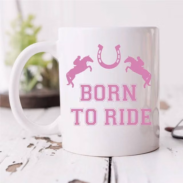 60 Second Makeover Born to Ride Ceramic Mug in Pink and White