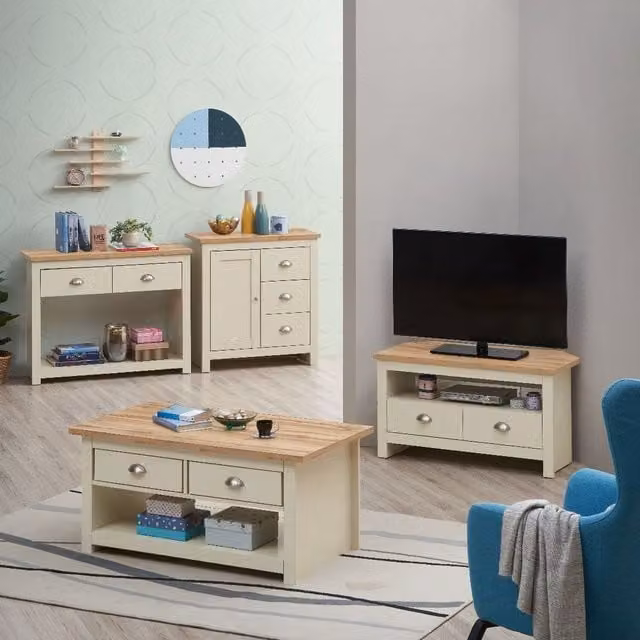 Timber Art Design UK Lisbon Console Hallway Table with 2 Drawers in Beige and White Oak