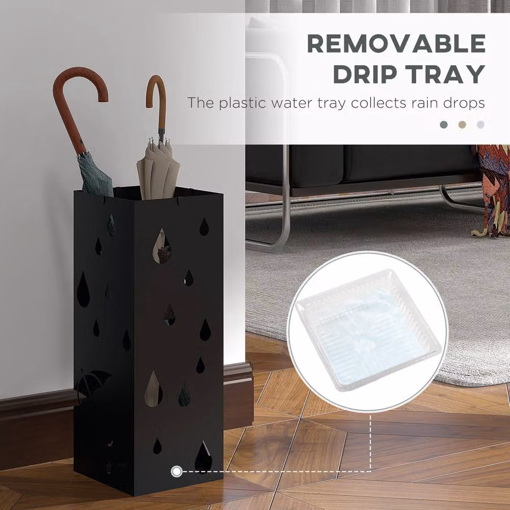 STILVORA Black Metal Umbrella Stand with 4 Hooks and Removable Tray – 6