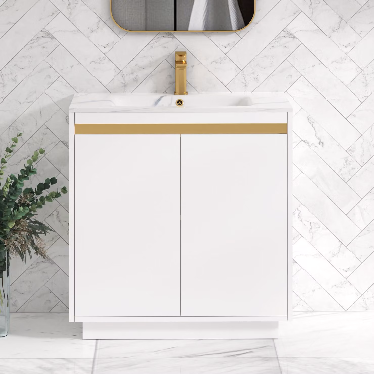 Royal Bathrooms Orion 800mm Floor Standing 2 Door Vanity Unit in Matt White with Carrara White Basin and Brushed Brass Accent Trim