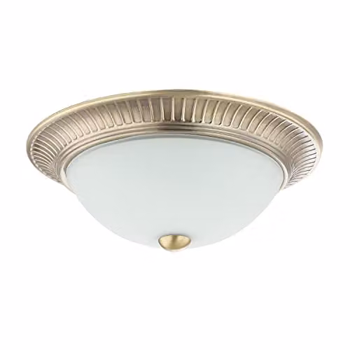 Happy Homewares Classic Brass Plated Flush Ceiling Light Fitting with White Glass Diffuser, Diameter: 27 cm – 1
