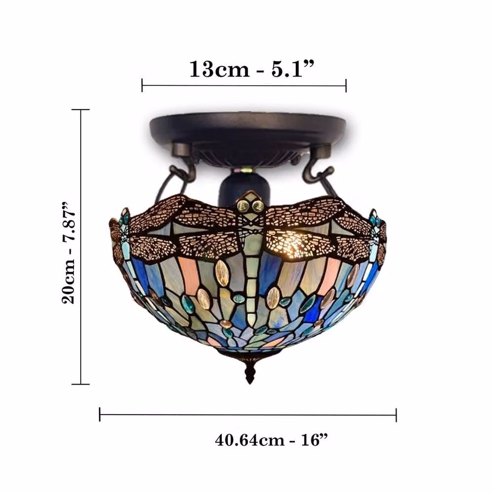 NESTLUNE Tiffany Style Dragonfly Ceiling Lamp in Blue and Multicolour Glass and Metal – 2