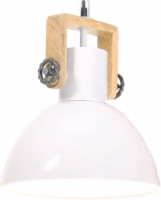 Berkfield Home Industrial Round Hanging Lamp in White and Brown with Wood Details, Diameter: 30 cm, E27