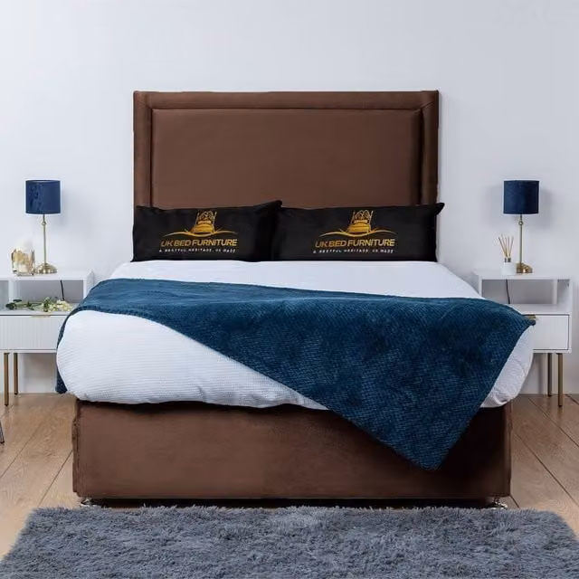 UK Bed Furniture Ascot Divan Bed Base with 26 Inch Headboard in Brown, Super King, W/D: 200 x 200 cm