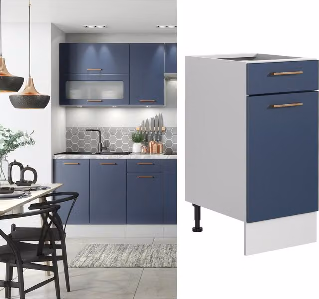 Impact Furniture Nora 400mm Kitchen Base Drawer Unit with Navy Blue Matt Doors and Grey Body, W/D/H: 40.0 x 46.3 x 87.0 cm