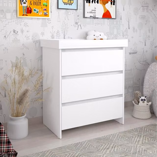 Shefa Kids Classic Baby Changing Dresser with 3 Drawers and Removable Top Pad, White Matt