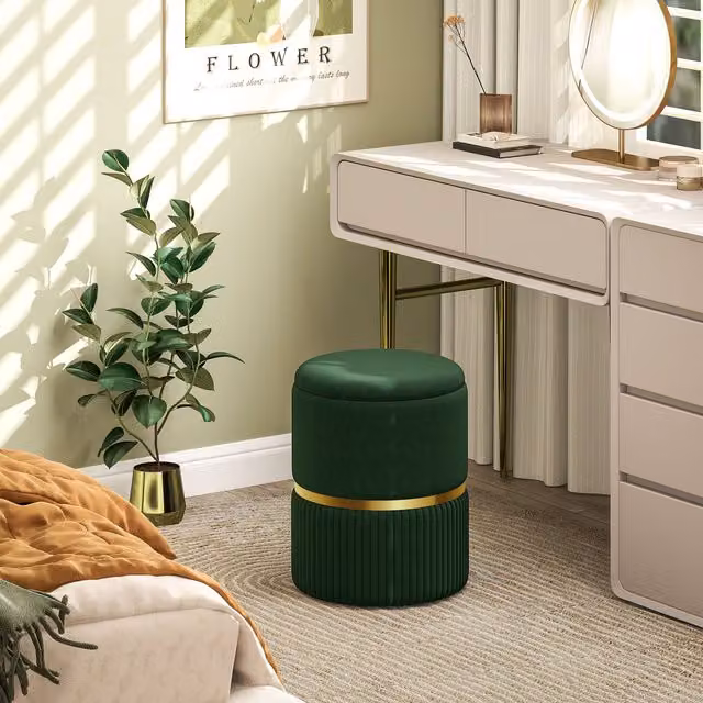 HOMCOM Round Velvet Storage Footstool in Dark Green – 1