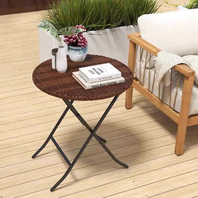 OUTSUNNY Foldable Outdoor Coffee Table with Metal Frame and PE Rattan in Mixed Brown – 1