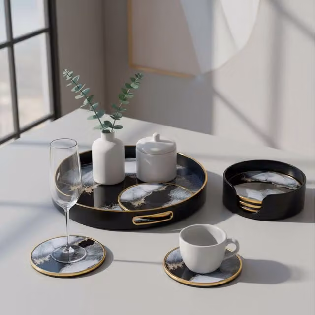 Maison Des Cadeaux Round Abstract Black and Gold Tray and Coaster Set