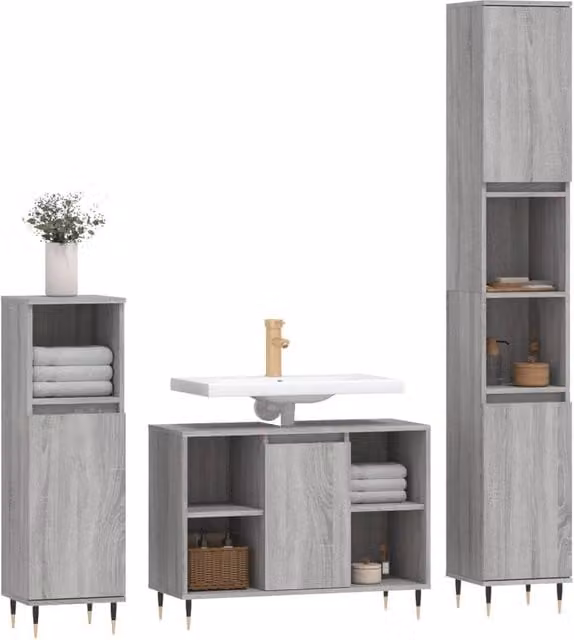 Berkfield Home Modern 3 Piece Grey Bathroom Furniture Set including Tall Cabinet, Side Cabinet and Vanity Unit