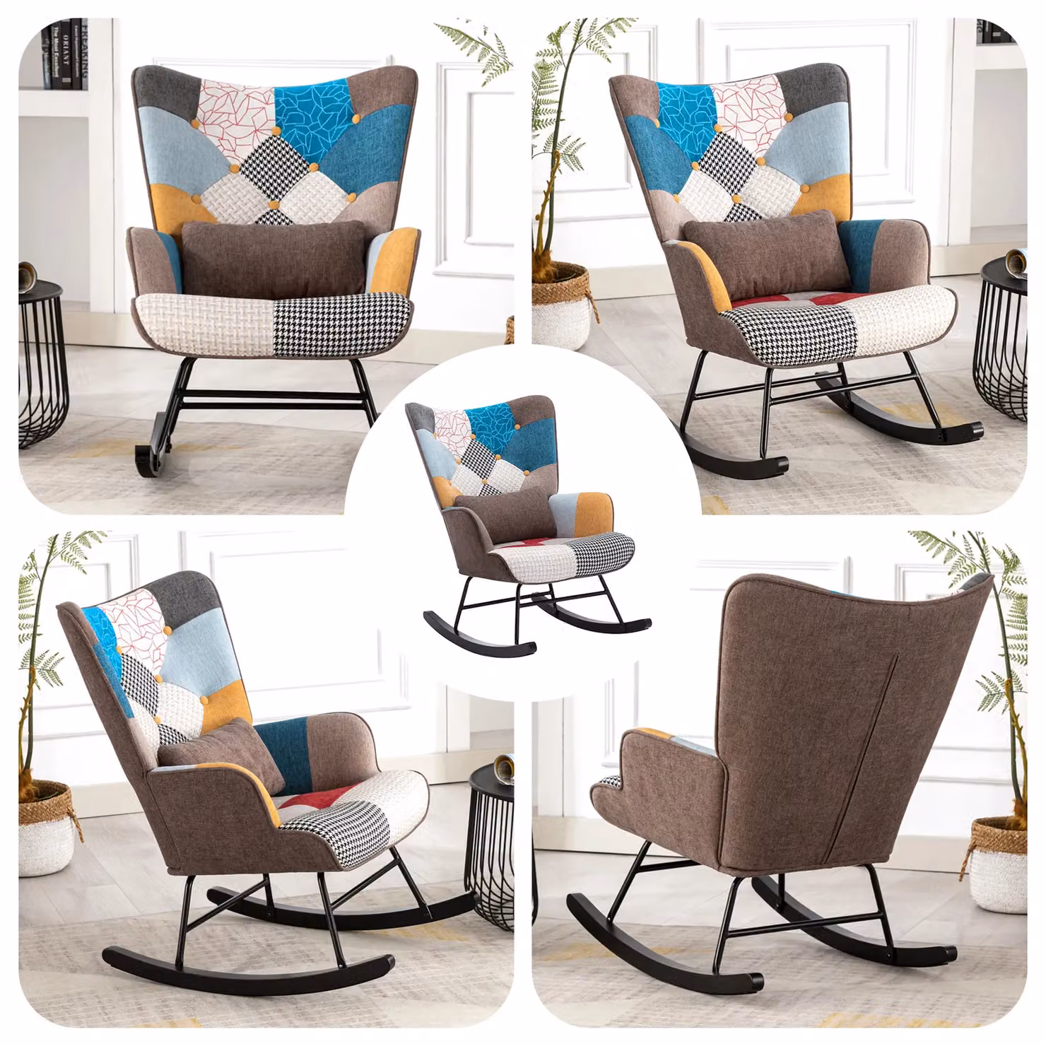 HomeMiYN Patchwork Fabric Rocking Chair with Brown Cushion and Armrests – 5