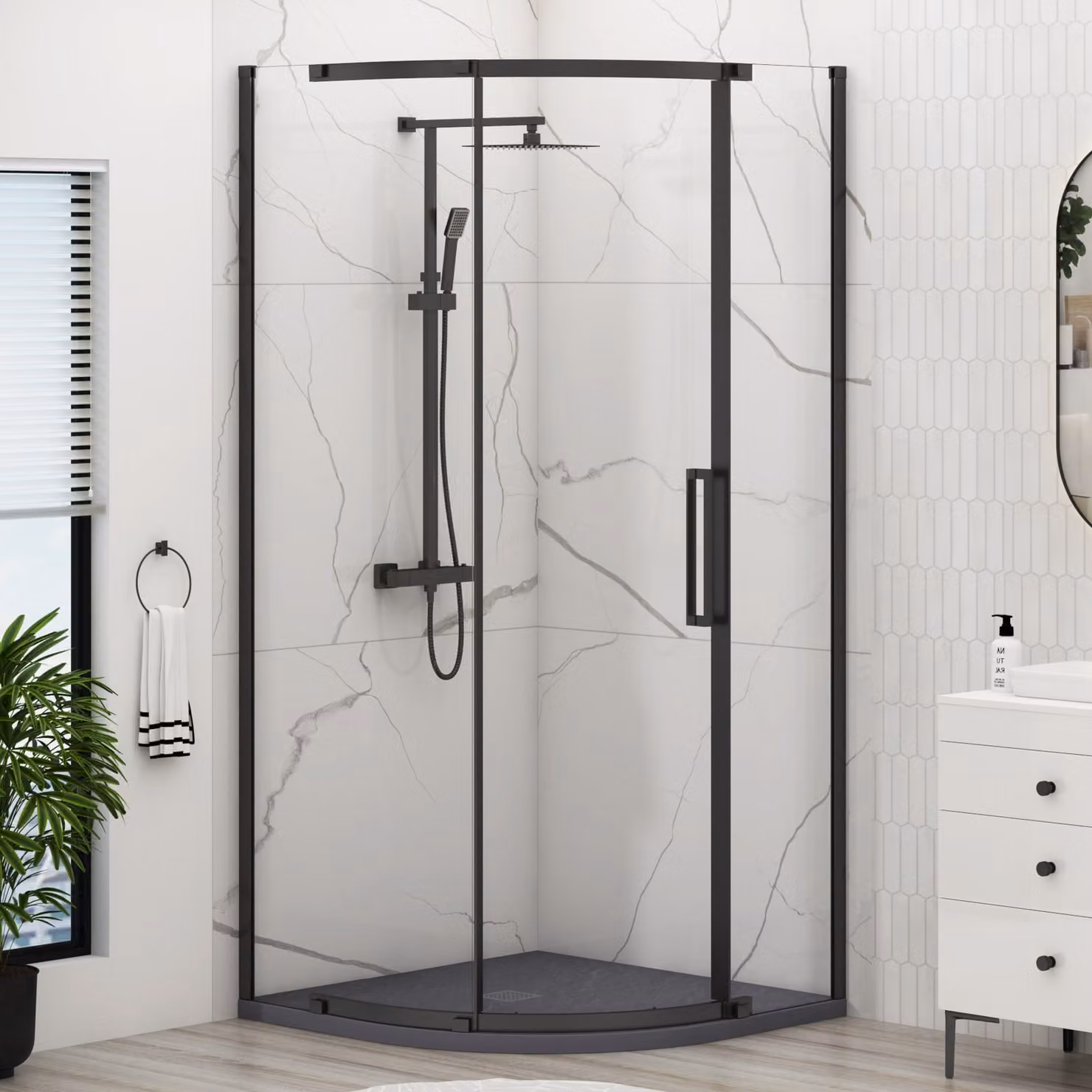 Royal Bathrooms Chelsea Single Door Quadrant Shower Enclosure with Grey Stone Tray, Matt Black, W: 80 cm, H: 195 cm