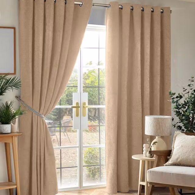 Livinluxury Beige Chenille Blackout Eyelet Curtains, Thermal Insulating, W: 168 cm, H: 229 cm