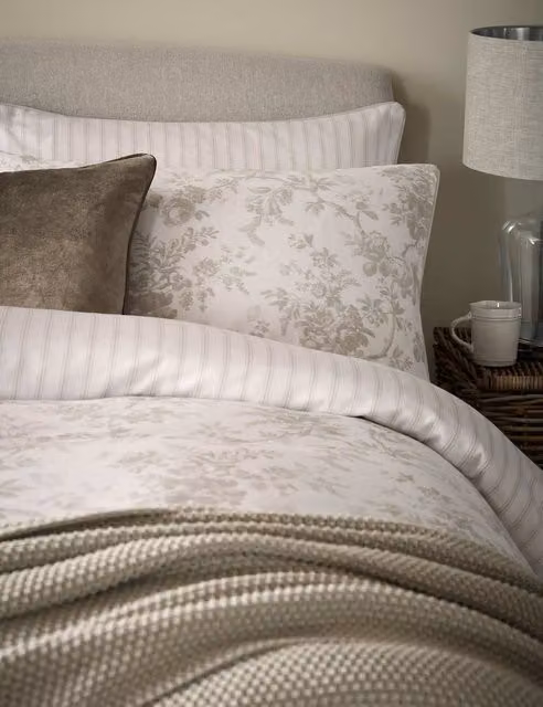Laura Ashley Walled Garden Floral Cotton Pillowcases, 2 Pack, Grey and White