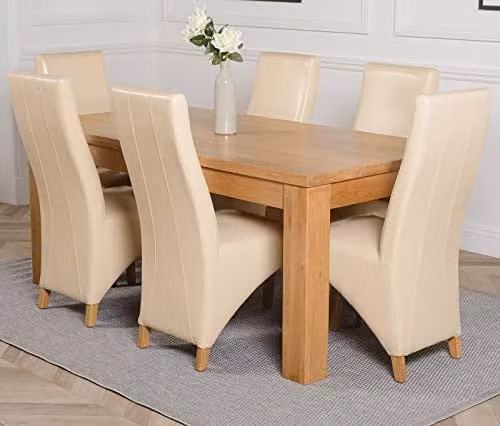 Thats Furniture Dakota Oak Dining Table and 6 Lola Upholstered Leather Chairs Set in Ivory, W: 182 cm, D: 92 cm – 1