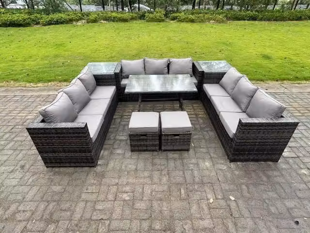 Fimous Dark Grey PE Rattan Outdoor Lounge Sofa and Garden Dining Set with Dining Table and 2 Side Tables