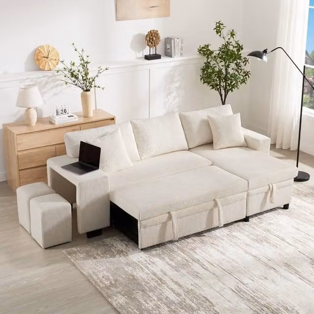 Matteo Beige Corduroy L-Shaped Corner Sofa Bed with USB Charging, Storage Chaise and Reversible Ottoman – 1